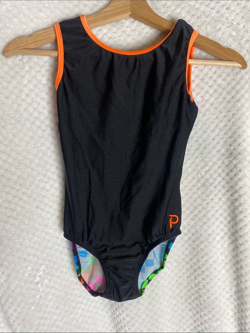Plum Practice Wear Leotard Checkerboard Black with Orange Trim